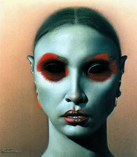 Image similar to a high quality, high detail, portrait of a drag queen by zdzisław beksinski, intense look in the eyes, moody, nostalgic