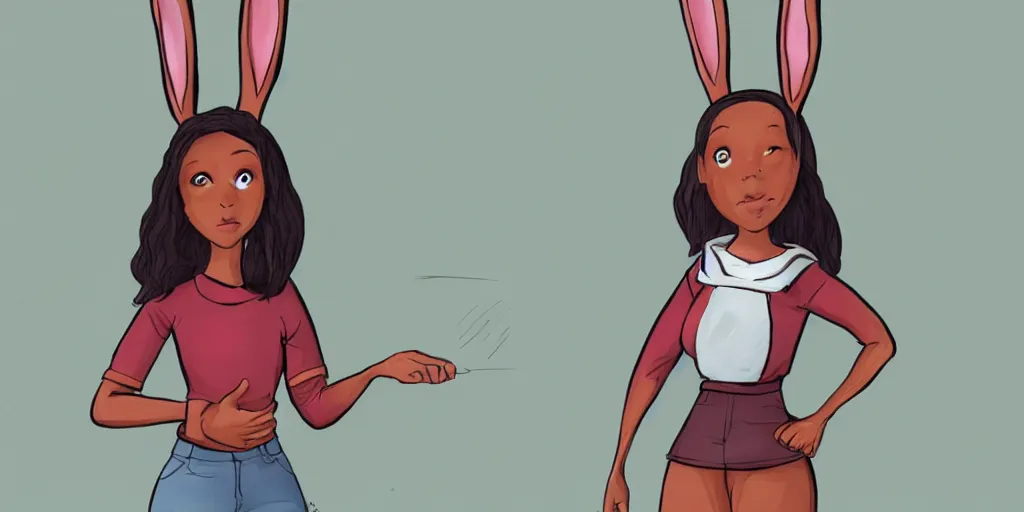 Image similar to women, dark skin, ginger, cartoon, sweatshirt, concept art, concept art, bunny ears,