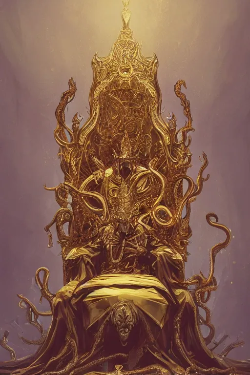 Image similar to lovecraftian gilded king on a throne, gold accents, digital art, in the style of greg rutkowski, trending on artstation