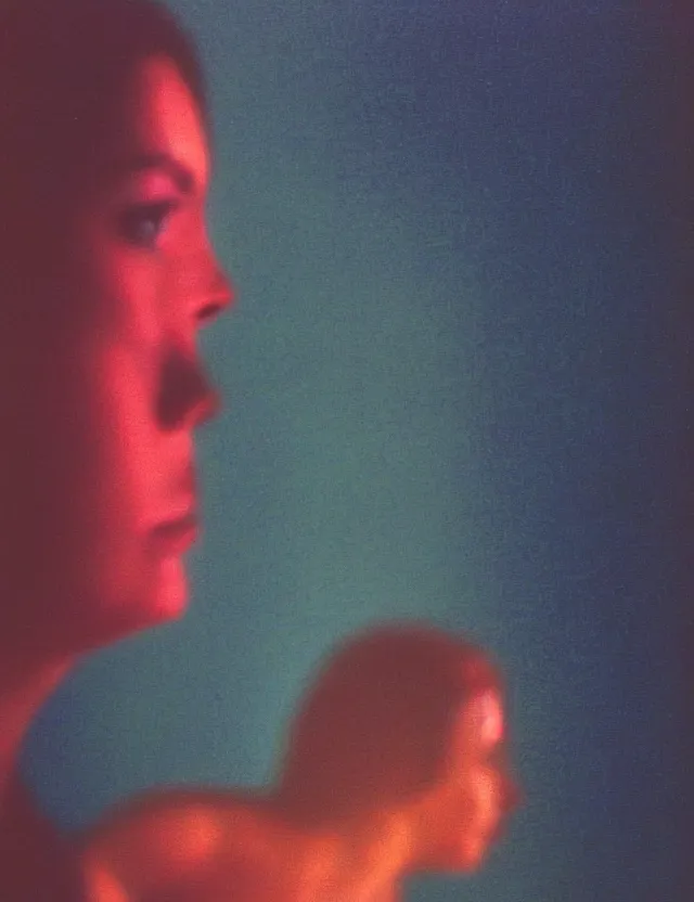 Image similar to woman watching tv screen in dark room, side view profile, blue rays, redshift, wide shot, coloured polaroid photograph, pastel, kodak film, hyper real, stunning moody cinematography, by maripol, fallen angels by wong kar - wai, style of suspiria and neon demon, david hockney, detailed, oil on canvas