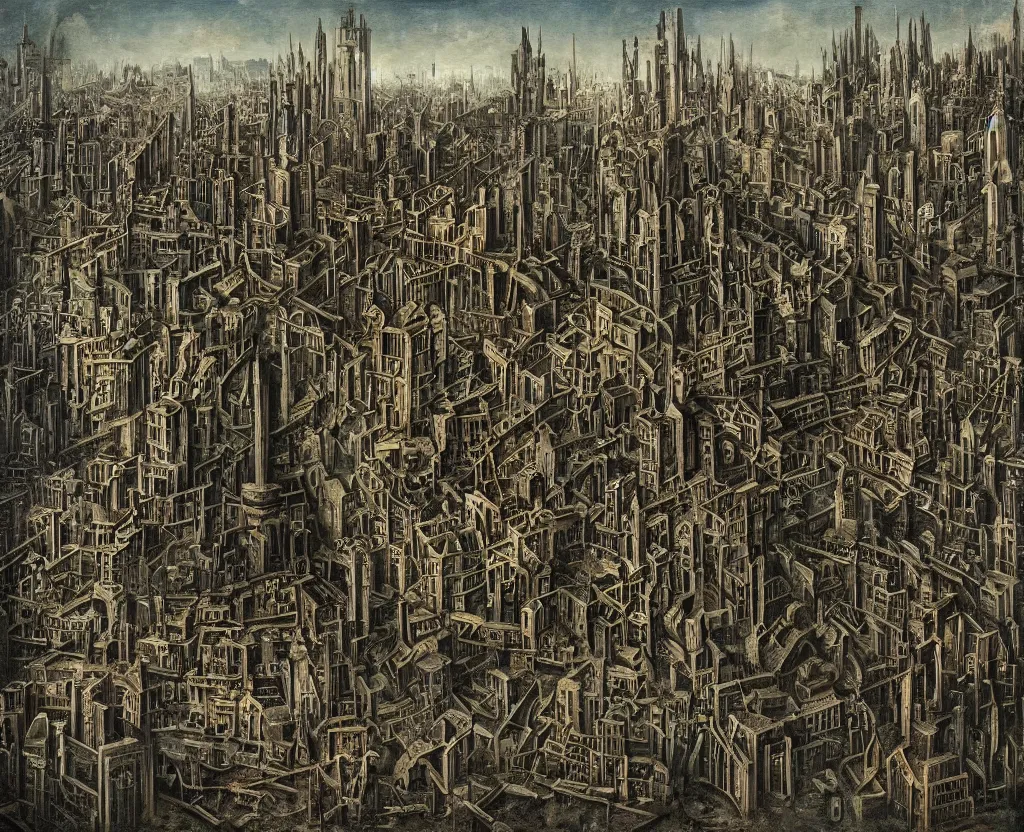 Image similar to a city of archologies in the style of Dystopian gothic surrealism painting