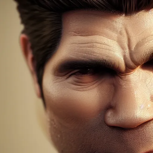 Image similar to detailed 3d render of the incredible hulks face, eric bana, lifelike textures and realistic hair, extreme close detail, high resolution, fine character detail