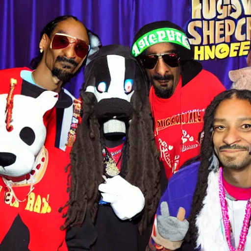 Prompt: snoop dogg taking a photo with fursuiters at a furry convention vendor booth, 4 k flash photography
