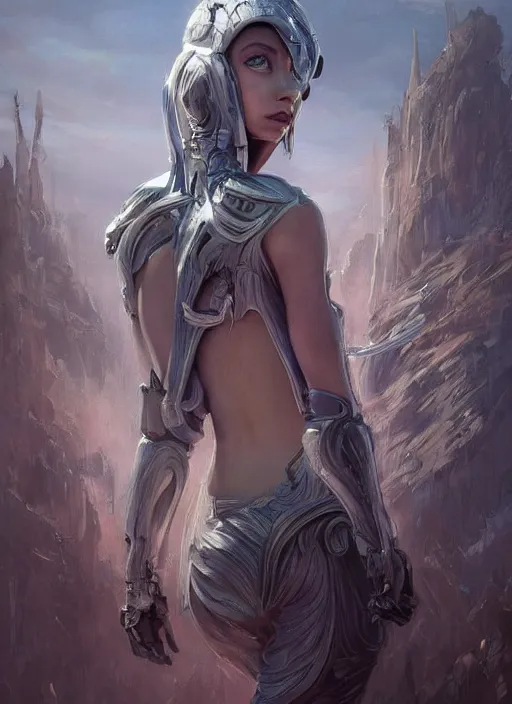 Image similar to a professional painting of a beautiful young female alien, clothed in ethereal armor, olive skin, long dark hair, beautiful bone structure, symmetrical facial features, intricate, elegant, digital painting, concept art, smooth, sharp focus, illustration, from Valerian and the City of a Thousand Planets, by Ruan Jia and Mandy Jurgens and Artgerm and William-Adolphe Bouguerea