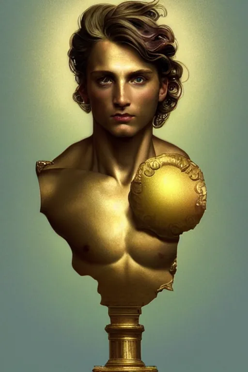 Prompt: bust of a man , strong boy, gradient rainbow, dreamy and ethereal, blue eyes, golden ratio, peaceful expression, ornate frilly dress, fantasy, intricate, elegant, rainbow bubbles, highly detailed, digital painting, artstation, concept art, smooth,b sharp focus, illustration, art by artgerm and greg rutkowski and alphonse mucha