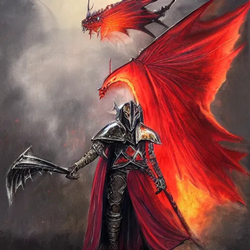 Prompt: a very elegant fantasy oil painting of a fantasy knight and a magical wizard robe made of dragon hide combination, demonic, red glowing magic, medieval armor, custom armor design, pointy, the red glows coming through the knight helmet, paint smears, digital art, character design, d & d character, heavy shading, master of fantasy art