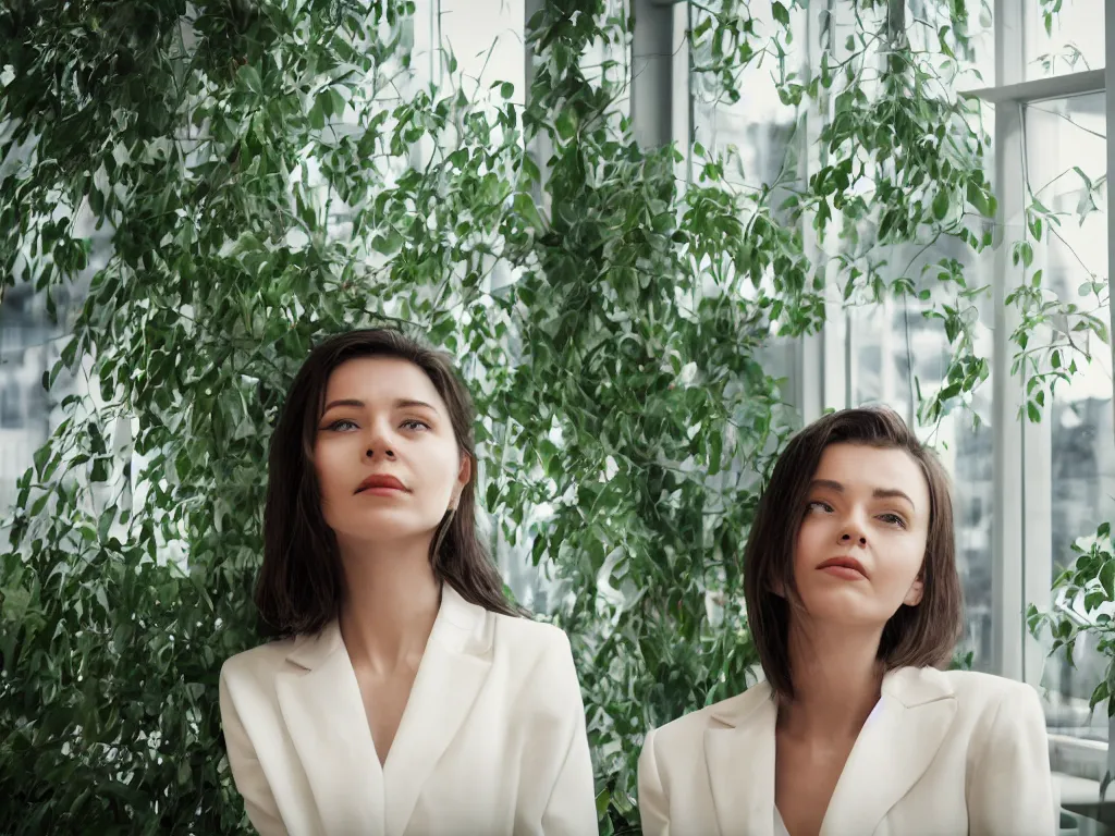 Prompt: woman wonders what could be created, wearing office suit, portrait pose beside window, green foliage in background, bokeh, backlighting, stock photo, modern clothing, 4k, octane render, photorealistic