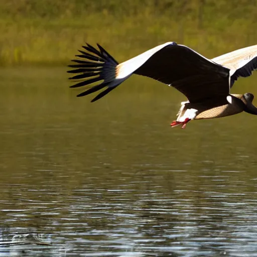 Prompt: goose harpy with beak as it flies in the air