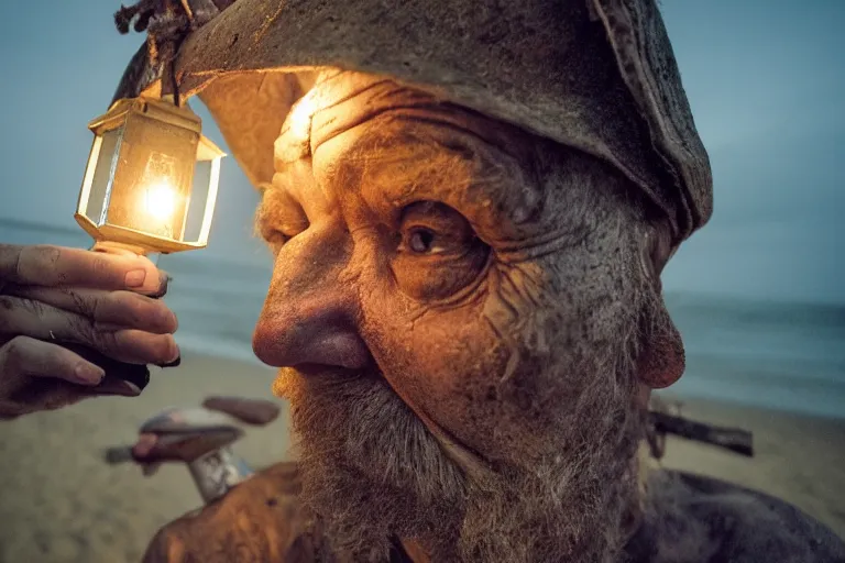 Image similar to closeup old man holding up a lantern on the beach in a pirate bay meet to a old wood shack by emmanuel lubezki