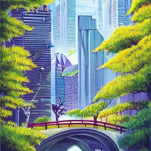 Image similar to Beautiful city of the future in harmony with nature. Nice colour scheme, cool natural colour. Beautiful detailed painting by Lurid. (2022)