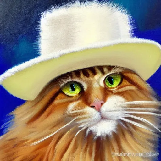 Image similar to Portrait Oil Painting, Ginger Maine-Coon with a white fluff wearing a sombrero sombrero