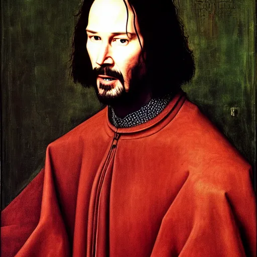 Image similar to portrait of keanu reeves, oil painting by jan van eyck, northern renaissance art, oil on canvas, wet - on - wet technique, realistic, expressive emotions, intricate textures, illusionistic detail