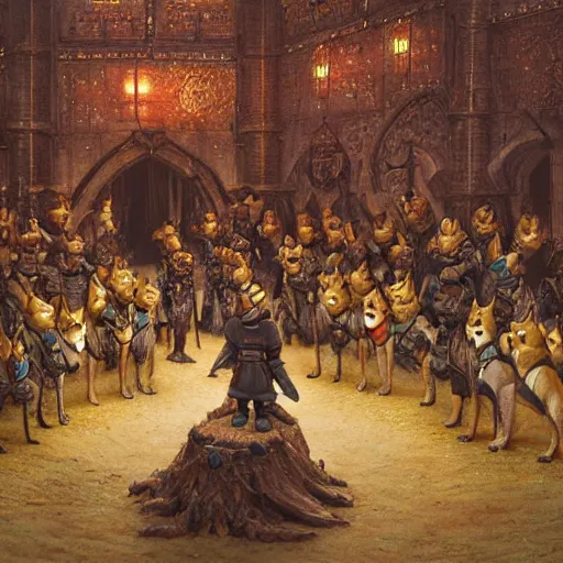 Prompt: anthropomorphic shiba inu is, army of knights wearing armor, anthropomorphic shiba inu medieval banquet, stuning fantasy 3 d render, masterpiece, glowing aura, by donato giancola and greg rutkowski and wayne barlow and zdzisław beksinski, realistic face