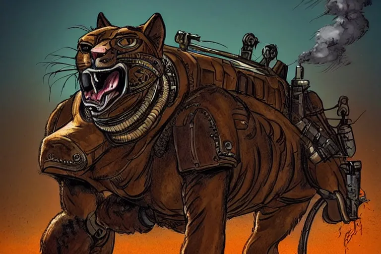 Prompt: a good ol'jaguar fursona ( from the furry fandom ), heavily armed and armored facing down armageddon in a dark and gritty version from the makers of mad max : fury road. witness me.