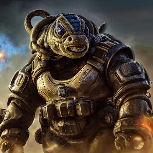 Image similar to Blastoise as Blastoise with watercannon shoulders in gears of war, splash art, movie still, detailed face, photorealistic facial features, cinematic lighting, dramatic, octane render, long lens, shallow depth of field, bokeh, anamorphic lens flare, 8k, hyper detailed, 35mm film grain