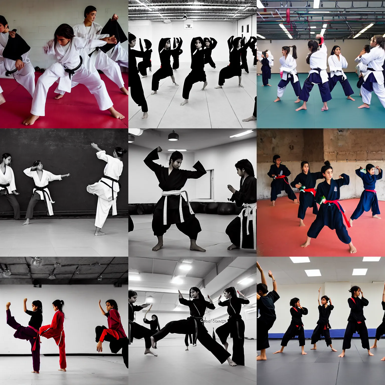 Prompt: a group of afghan girls practicing martial arts in a gym, a photo by noel counihan, cg society, paris school, dynamic pose, dynamic composition, sharp focus