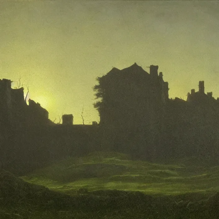 Image similar to painting of a mansion on the moorland by caspar david friedrich, at night, eerie, supernatural