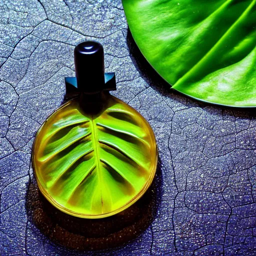 Image similar to perfume bottle sitting on a lilypad in the middle of a blue lake, close up shot, upfront, surrounded by tropical leaves, blurred tropical background, softly - lit, soft - warm, zen, light, modern minimalist f 2 0 clean