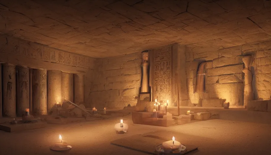 Prompt: A highly detailed matte painting of interior of ancient Egyptian tomb, candle lights, cobwebs, mummy, dark, by Studio Ghibli, Makoto Shinkai, by Artgerm, by WLOP, by Greg Rutkowski, volumetric lighting, octane render, 4K resolution, trending on artstation, masterpiece