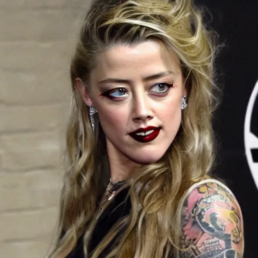 Prompt: a weathered Amber Heard in prison outfit in jail with prison tattoos all over her arms