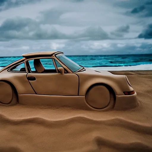 Image similar to sand sculpture of a porsche 9 1 1 on a hawaii beach photography iphone