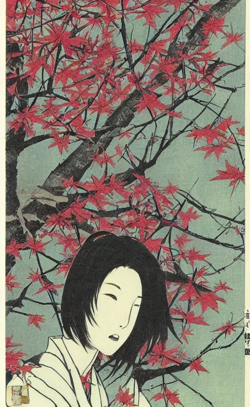 Prompt: by akio watanabe, manga art, a sit girl looking at the falling maple leafs, trading card front, kimono, realistic anatomy