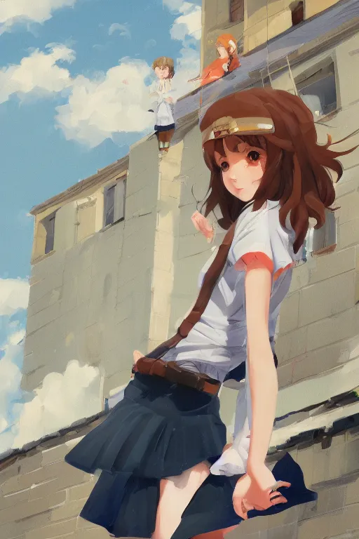 Prompt: gouache of a cute girl wearing school uniform standing on the edge of the roof of a tall building, 8 k wallpaper, strong brush stroke, very high detailed, sharp focus, illustration, morandi color scheme, art station, by krenz cushart