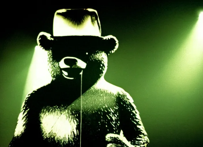 Prompt: publicity photo still of smokey the bear in korn live on stage 1 9 9 9, 8 k, live concert lighting, mid shot