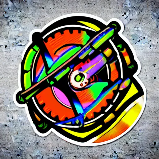 Image similar to sticker of a rock band, name is tripmachine, on the sticker is a 3 d render of a huge futuristic steampunk generator with gears and trippy tubes, 8 k, fluorescent colors, halluzinogenic, multicolored, exaggerated detailed, silk screen art