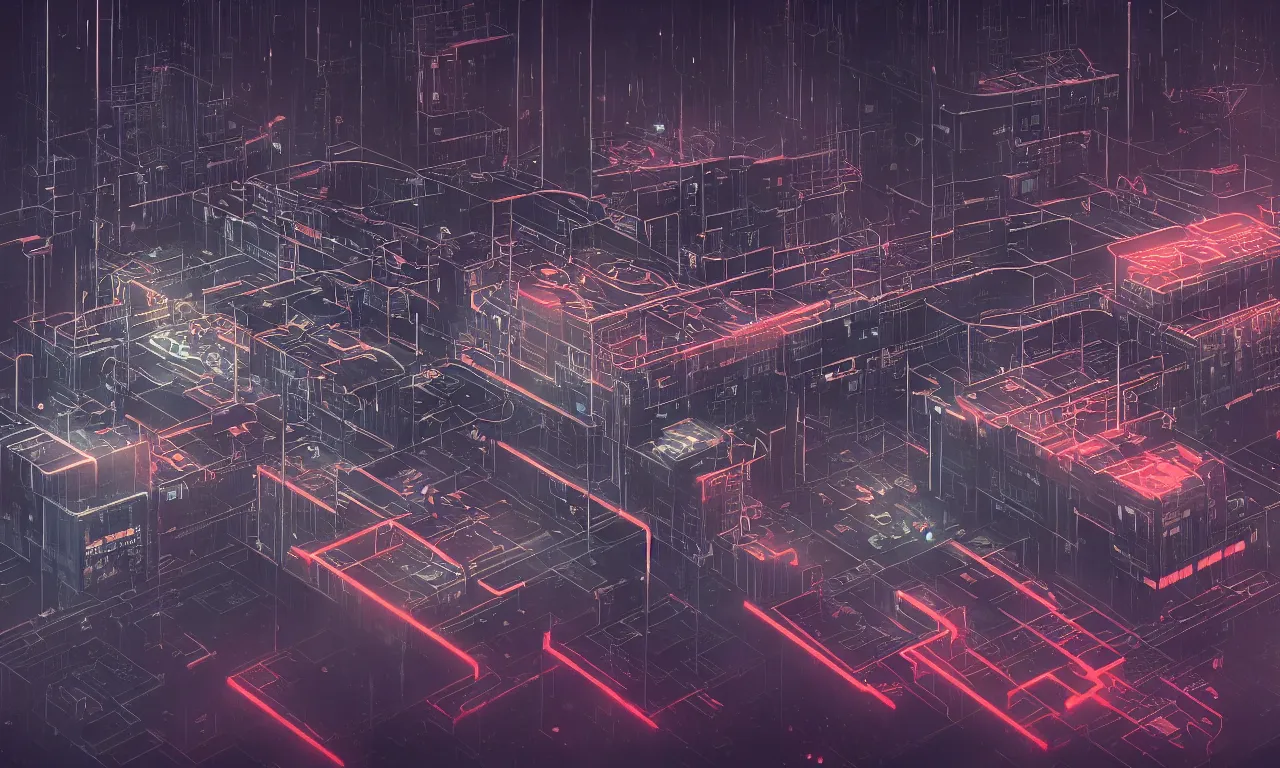 Image similar to fractal circuit motherboard, brutalist buildings, metal, concrete, wet streets, neon lights, neon signs, vehicles, pedestrians, syd mead, ralph mcquarrie, doug chiang, concept art, matte painting, finely detailed, minimal artifacts, rule of thirds, dynamic lighting, cinematic, denoised, centered, artstation