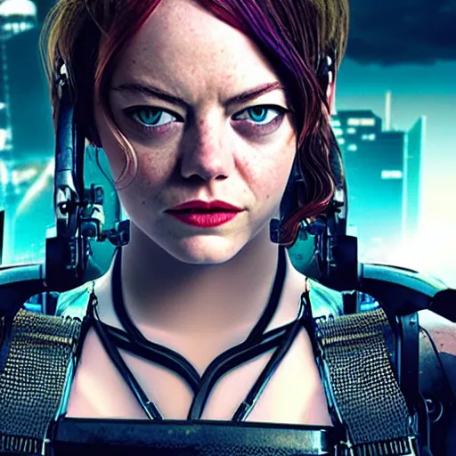 Prompt: full shot photo of emma stone as a cyberpunk amazon warrior