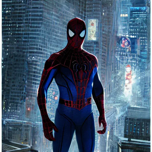 Image similar to ryan reynolds as spider - man, wearing a black and blue suit, cinematic, volumetric lighting, f 8 aperture, cinematic eastman 5 3 8 4 film, photorealistic by greg rutkowski, by stanley artgerm, by alphonse mucha