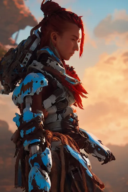 Image similar to combination suit armor aloy horizon forbidden west horizon zero dawn robot ninja mask helmet backpack tribal, aesthetic octane render, 8 k hd resolution, by ilya kuvshinov and cushart krentz and gilleard james radiating a glowing aura cgi rtx 2 0 2 2