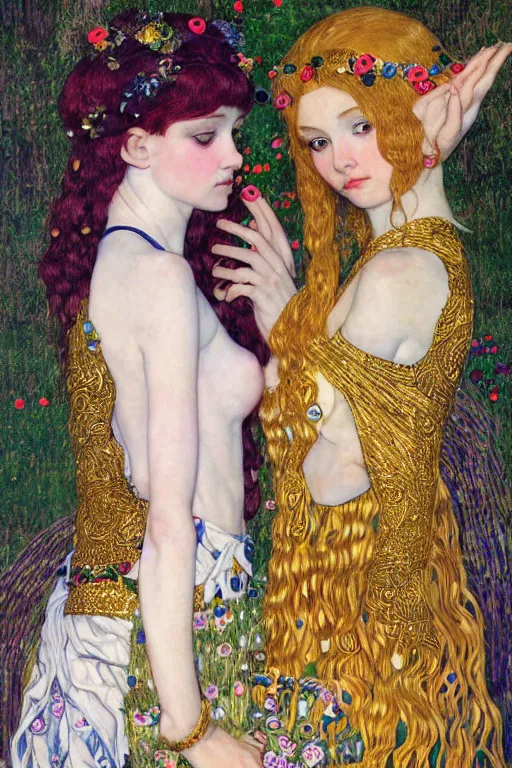 Prompt: two beautiful young elf maidens, fantasy, kiss, highly detailed, artstation, illustration, art by Gustav Klimt