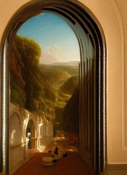 Image similar to a thomas cole painting of a hallway with round arches decorated by wes anderson