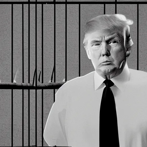 Image similar to Donald Trump behind prison bars, wearing a prison jumpsuit, high resolution photograph