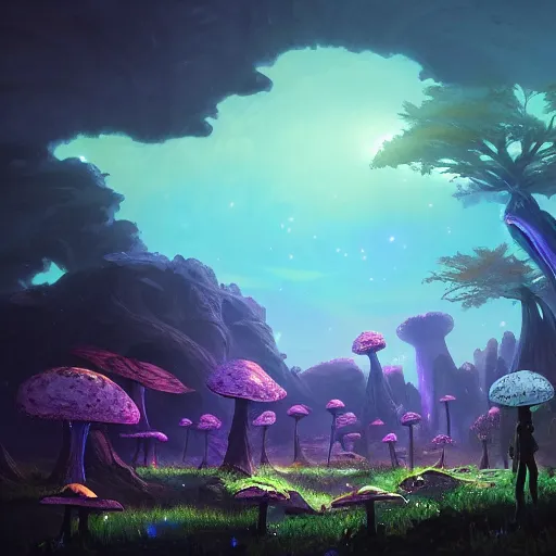 Prompt: concept art painting of a fantasy alien fungal landscape at night, with glowing blue lights, glowing blue mushrooms, dark purple sky, realistic, detailed, cel shaded, in the style of makoto shinkai and greg rutkowski and albert bierstadt and james gurney