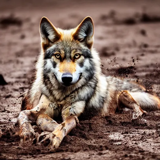 Prompt: professional photograph of a mud - colored wolf, high quality, hd, 8 k, 4 k, magnificent, award - winning, nature, nature photography, awe - inspiring, highly detailed, amazing
