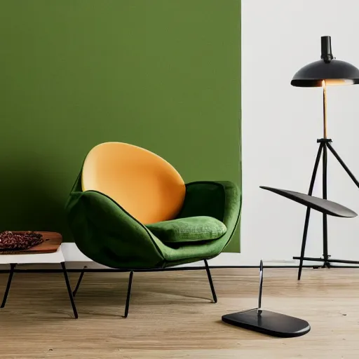 Image similar to an avacado chair, an armchair that looks like an avacado with green leather and seed yolk, award winning design, studio lighting, advanced photography, beautifully lit