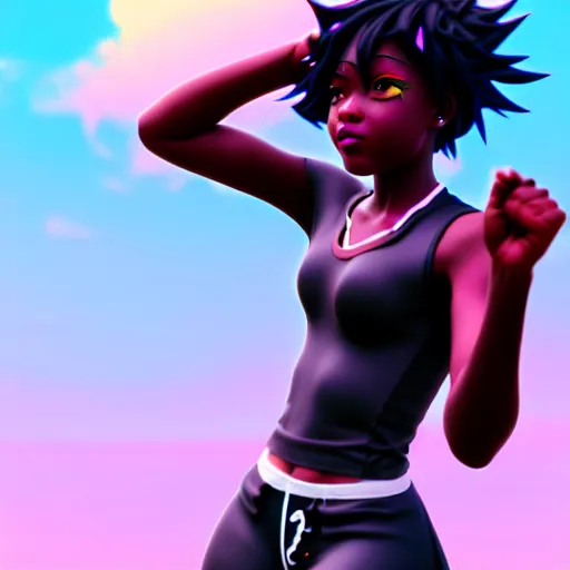 Image similar to portrait of black anime manga girl, throwing punch pose towards camera, french bob hair, white hair, by gustave dore, vaporwave colors, lofi colors, vaporwave, lofi, goth vibe, 4 k, smooth, hd, substance designer render, full body character concept art, 2 point lighting,