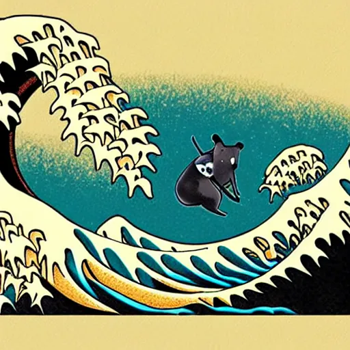 Image similar to ninja animals in the style of the great wave artist