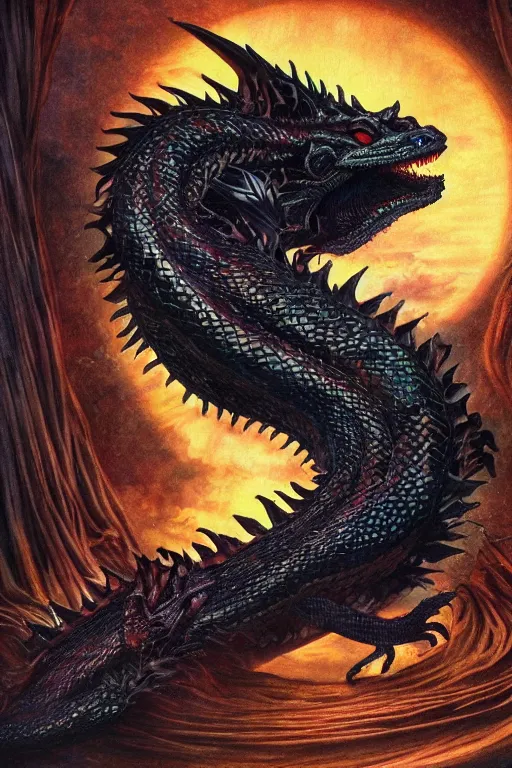 Prompt: beautiful black dragon with the moonlight shining on its scales | bejeweled lizard | cinematic lighting | Evelyn De Morgan and John Waterhouse | medieval painting | rich colors