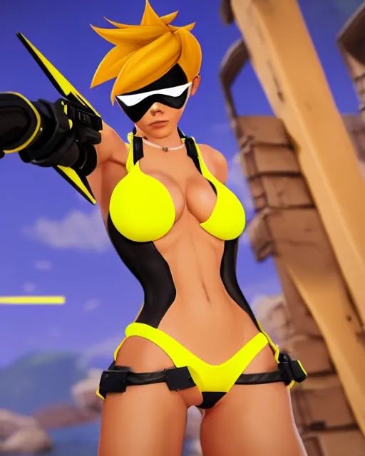 Image similar to tracer game character, in yellow bikini, blonde hair, black eyes, full height