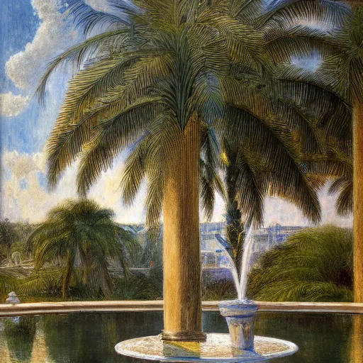 Image similar to a ultradetailed beautiful painting of a old fountain in the amazonas palace balustrade designed by jules bastien - lepage, tarsila do amaral, frank weston and gustave baumann, beach, trending on artstation, mediterranean, palm trees, sharp focus, soft light, 8 k 4 k