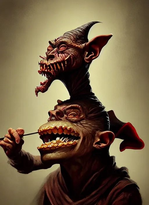 Image similar to portrait of a medieval goblin eating cakes, beautiful face, hyper realistic, highly detailed, digital painting, artstation, illustration, concept art by hyung tae and frank frazetta, digital paint, matte paint, washed colors, dark, gloomy