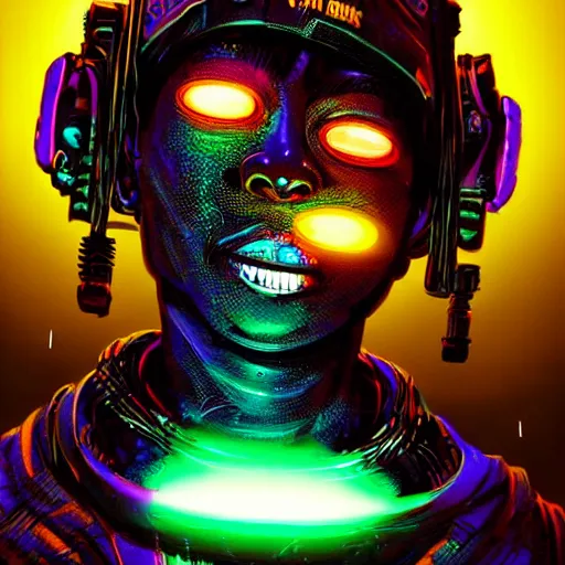 Prompt: profile view of a dark and ominous cyborg african child soldier with glowing eyes and glass vials full of glowing neon liquid protruding from his spine and head, neon graffiti, Apex Legends character digital illustration portrait design, by android jones and greg rutkowski in a cyberpunk voodoo style, retrowave color scheme, detailed, cinematic lighting, wide angle action dynamic portrait