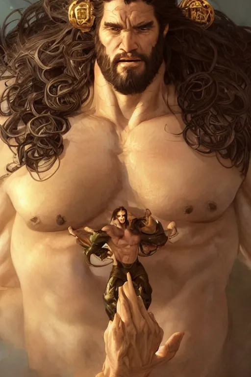 Image similar to hulking herculean ogre jesus christ, masterpiece, intricate, elegant, highly detailed, digital painting, artstation, concept art, smooth, sharp focus, illustration, art by artgerm and greg rutkowski and alphonse mucha and uang guangjian and gil elvgren and sachin teng, symmetry!!