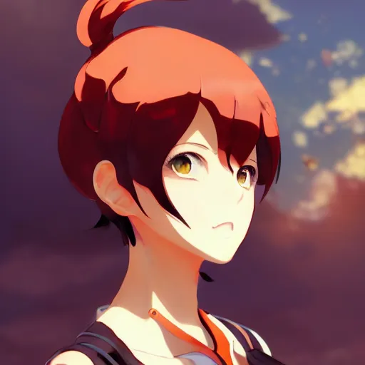 Image similar to makoto shinkai, artgerm, ilya kuvshinov, steampunk beautiful anime woman, red shirt brown pants, black and red hair hair, symmetrical face, symmetrical eyes, second anime woman with orange hair and black pants, action scene, shooting fire war, detailed, summer setting, cinematic lighting