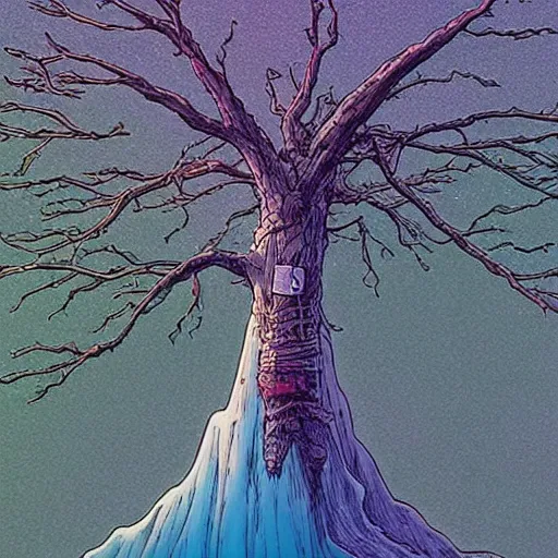 Prompt: a large tree growing from a crystal floating in space, by moebius