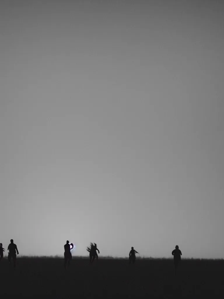 Prompt: field with human silhouettes running, black and white